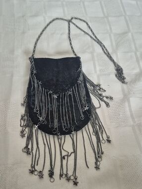 Free People Vintage Black Suede Fringe Star Chain Crossbody